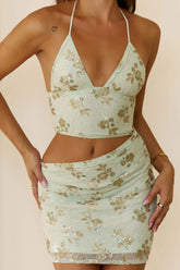Dazzle After Dark Embellished Halter Mini Dress Sage