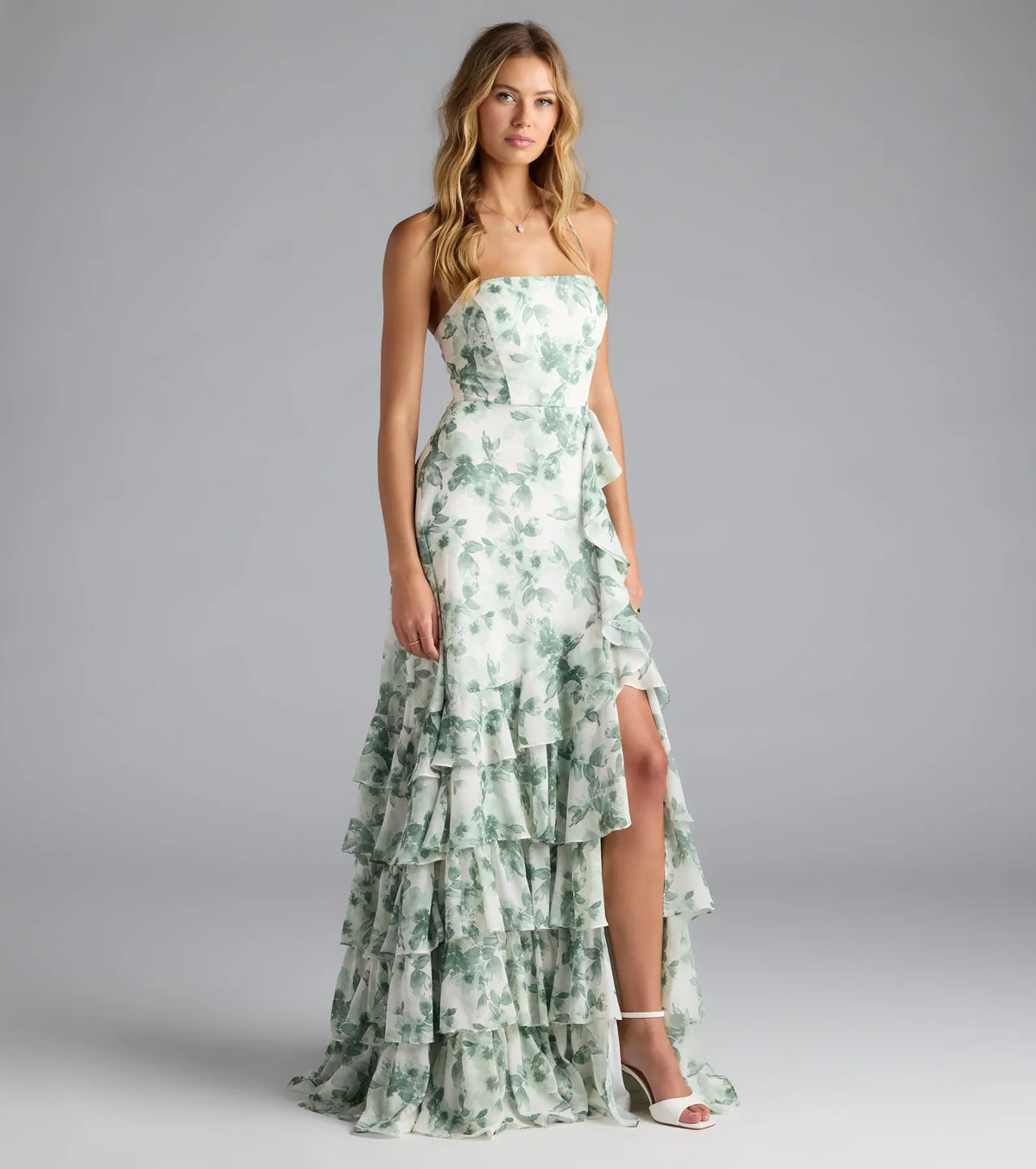 Mia Lace-Up A-Line Floral Chiffon Formal Dress