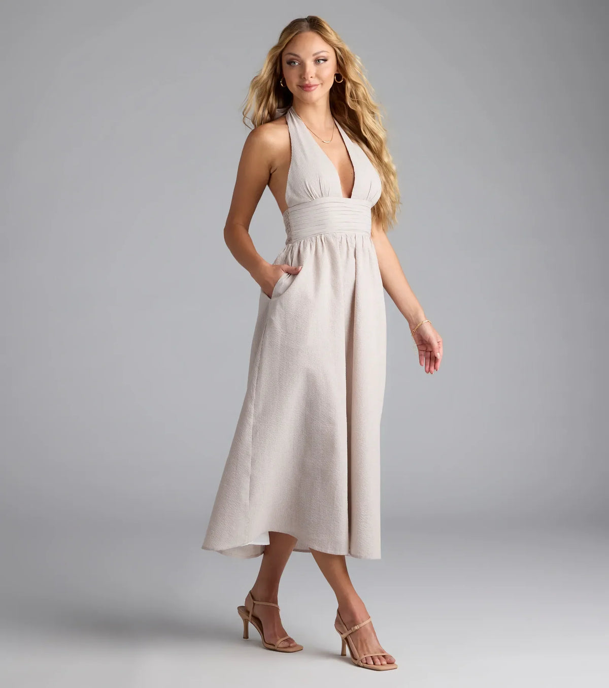 Cup Of Tea Striped Halter Midi Dress With Pockets