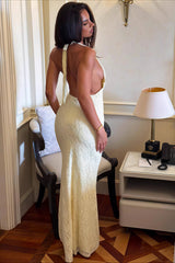 Lace Halter Tie Back Bodycon Maxi Dress