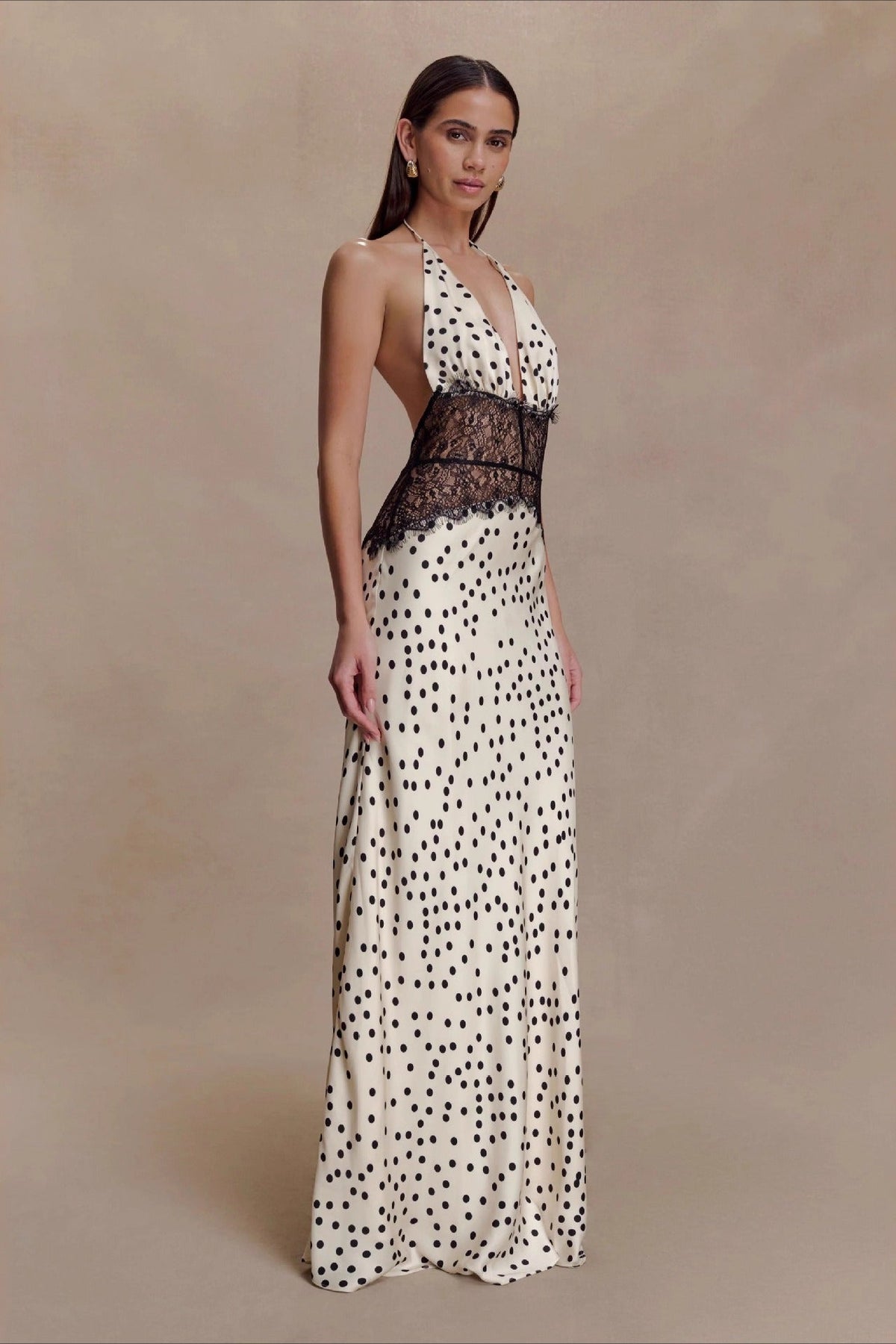 Polka Dot Lace Patchwork Deep V Backless Ruched Elegant Maxi Dress