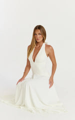 Poppy Maxi Dress - Contrast Skirt Deep Plunge Halter Dress in Off White