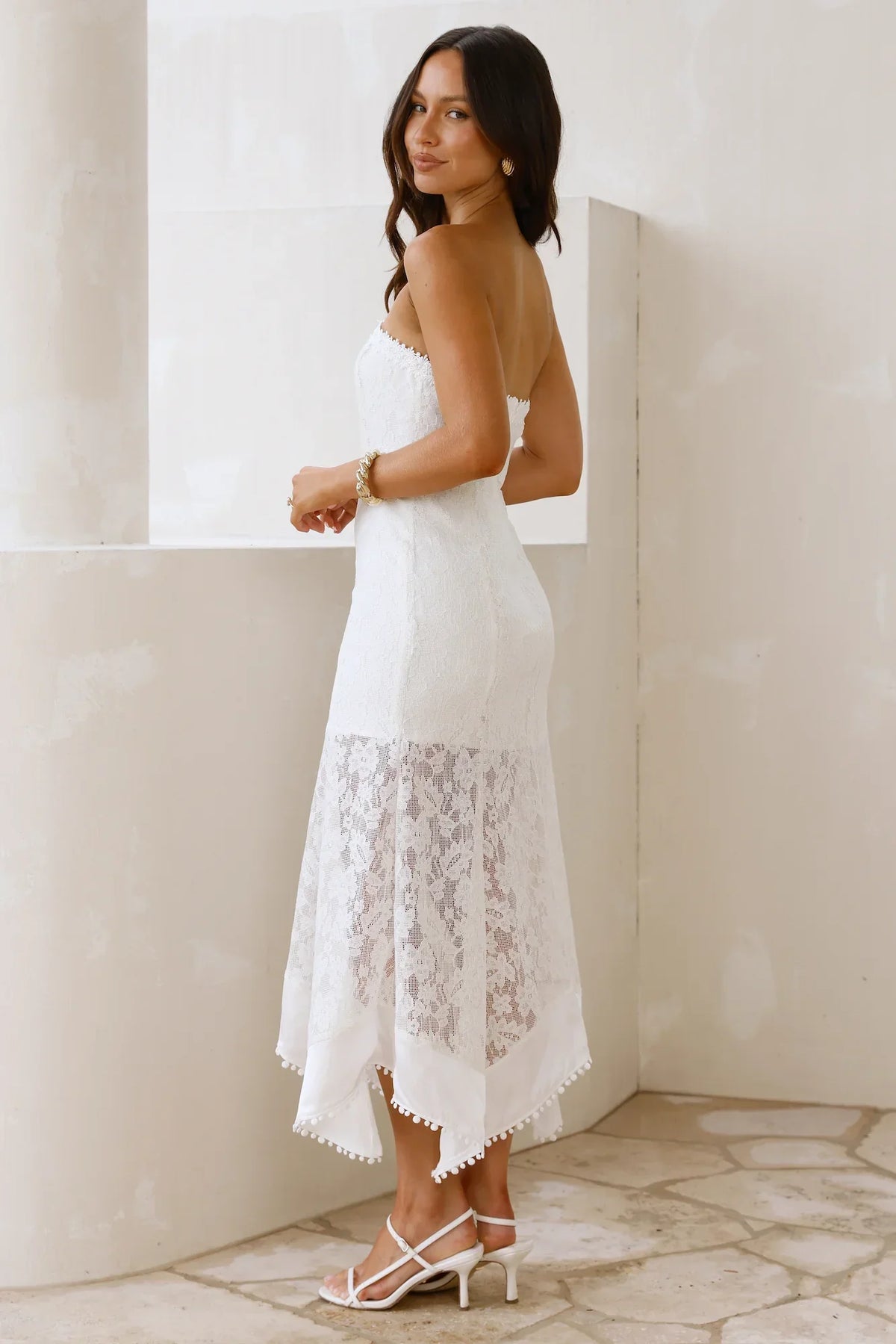 Luxe Petal Lace Strapless Maxi Dress White