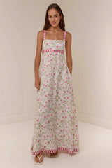 Casual Linen Print Spaghetti Strap Summer Maxi Dress