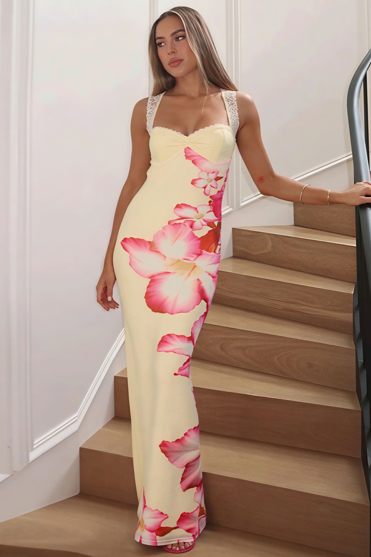 Floral Print Off Shoulder Lace Patchwork Cami Backless Maxi Dress