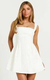 Ida Mini Dress - Wide Strap Straight Neck Bow Back Dress In White