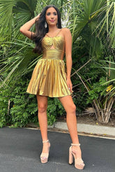 Gloden A-Line Metallic Spaghetti Strap Pleated Homecoming Dress