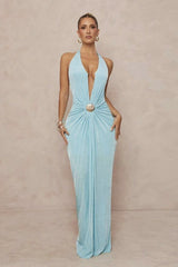 Deep V Halter Ruched Metal Trim Backless Maxi Dress