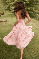 Chic Print Halter Neck V Neck Sheer Mesh Backless Midi Dress