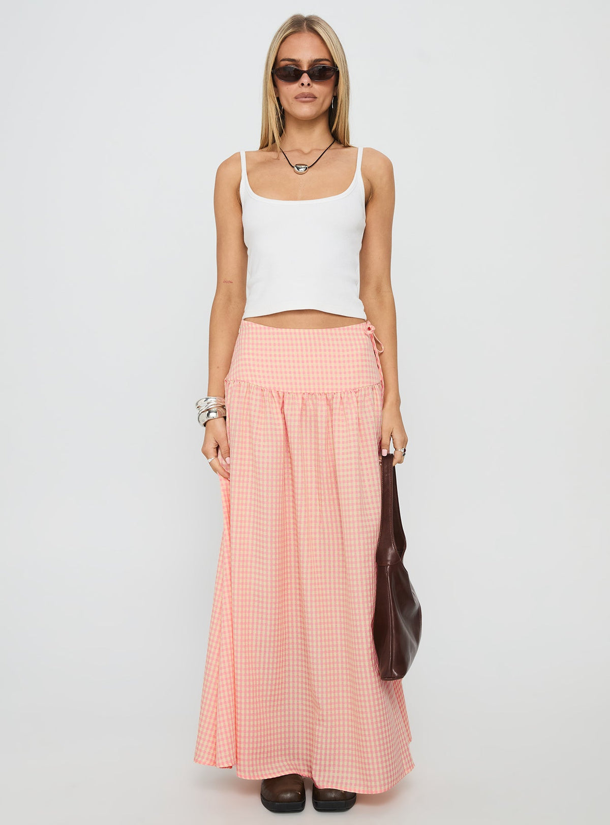 Analeah Tie Side Midi Skirt Orange Check