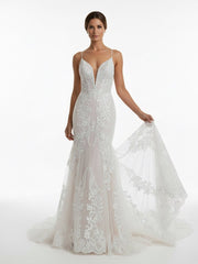 Ivory Mermaid Spaghetti Straps Backless Long Lace Wedding Dress