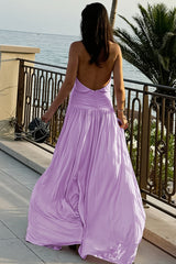 Chic Solid Ruched Halter Backless Side Slit Maxi Dress