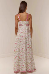Casual Linen Print Spaghetti Strap Summer Maxi Dress