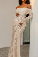 Chic Lace Trim Off Shoulder Long Sleeve Wrap Maxi Dress