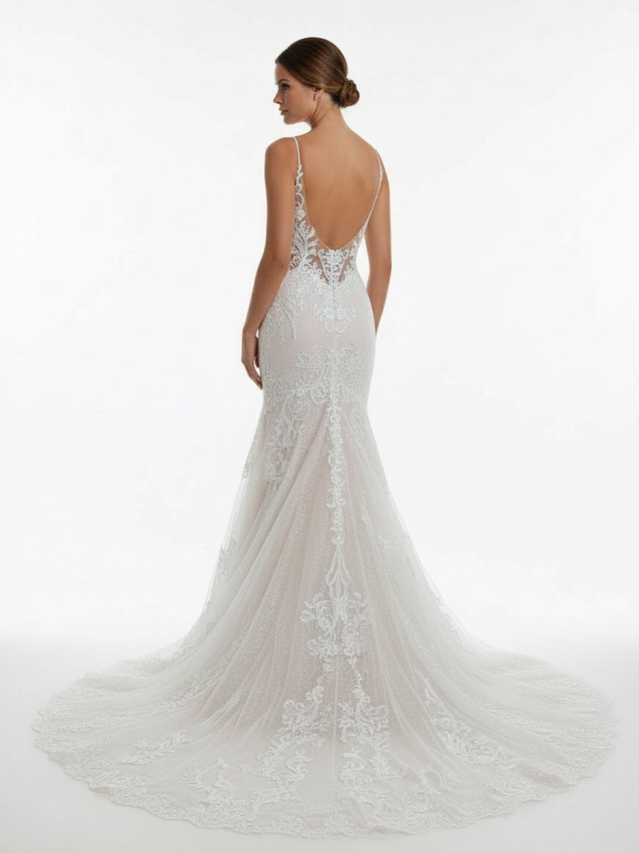 Ivory Mermaid Spaghetti Straps Backless Long Lace Wedding Dress