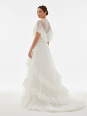 High Split A-Line See-through Short Sleeves Ruffle Tulle Wedding Dresses