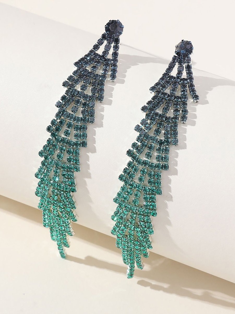 Green Gradient Rhinestones Tassel Long Chain Earrings