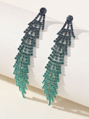 Green Gradient Rhinestones Tassel Long Chain Earrings