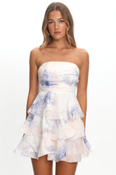 Giavana Strapless Layered Mini Dress Floral Blue