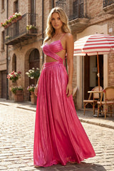 Hot Pink A Line Spaghetti Straps Metallic Satin Long Prom Dresses With Cut out