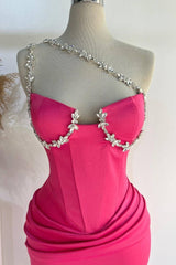 Hot Pink One Shoulder Rhinestones Pleated Long Prom Dresses