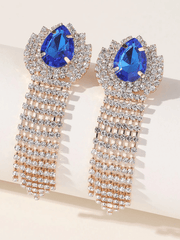 Green Teardrop Rhinestones Tassel Long Earrings