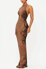 Lace Pattern Halter Backless Maxi Dress