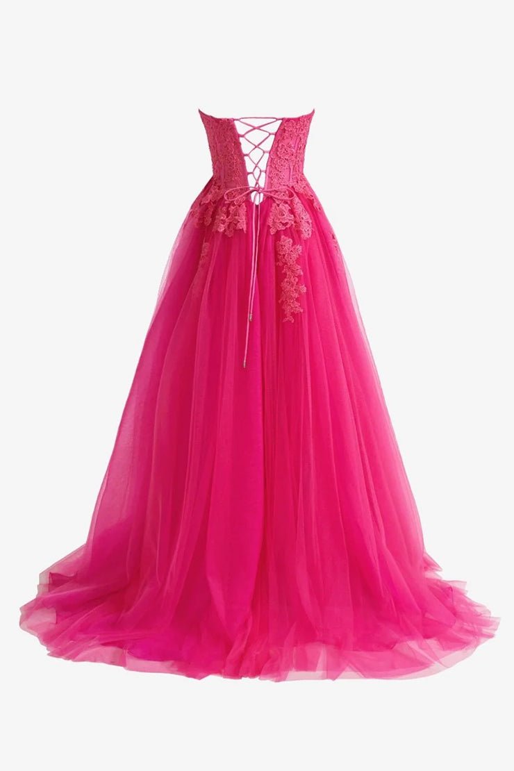 Hot Pink A-Line Tulle Lace Sweetheart Long Prom Dress