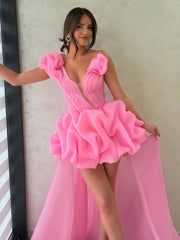 Hot Pink - One Shoulder Organza High Low Homecoming Dress With Ruffles