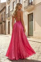 Hot Pink A Line Spaghetti Straps Metallic Satin Long Prom Dresses With Cut out