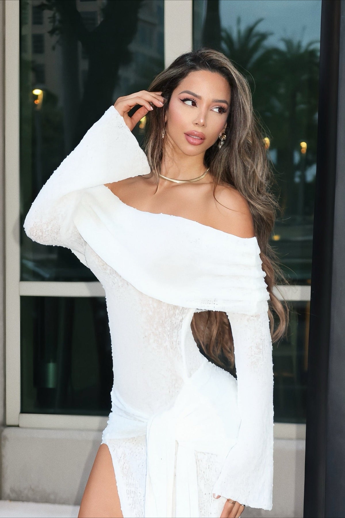 Sexy Off Shoulder Cutout Flare Sleeve Fitted Sash Maxi Dress