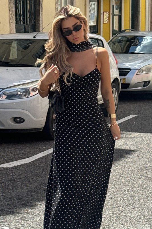 Polka Dot Sexy V Neck Cami Backless Maxi Dress