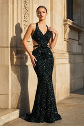 Halter Halter Sequined Sleeveless Mermaid Sparkly Long Prom Dress