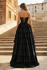 Gray Sweetheart A Line Satin Ruffled Long Prom Dresses With Slit