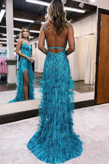 Jade Sequin Lace Spaghetti Straps Mermaid Prom Dresses with Slit