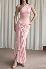 Chic Asymmetrical One Shoulder Slim Slit Maxi Dress