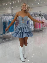 Grey Blue - A Line Sweetheart Satin Cut Out Ruffled Homecoming & Cocktail Dresses with Beads