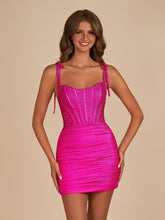 Fuchsia - Bodycon Scoop Neck Beaded Satin Corset Homecoming Dresses with Bow Straps