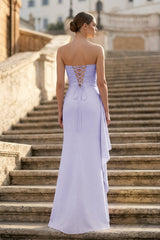 Lavender - Mermaid Strapless Satin Pleated Long Prom Dress with Slit