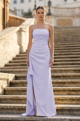 Lavender - Mermaid Strapless Satin Pleated Long Prom Dress with Slit