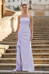 Lavender - Mermaid Strapless Satin Pleated Long Prom Dress with Slit