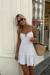 Cute Polka Dot Spaghetti Strap Ruffle Hem Summer Beach Mini Dress