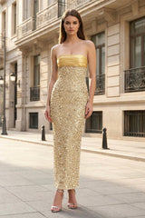 Gold - Strapless Mermaid Sequined Pleated Long Prom Dresses With Pearls