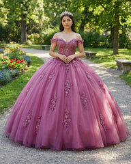 Dusty Rose Off Shoulder Lace 3D Flower Applique Quinceanera Dress
