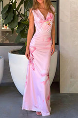 Floral Print Draped Neck Slim Maxi Dress