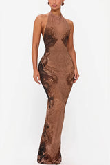 Lace Pattern Halter Backless Maxi Dress
