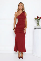 Alluring Ruched One Shoulder Maxi Dress Burgundy