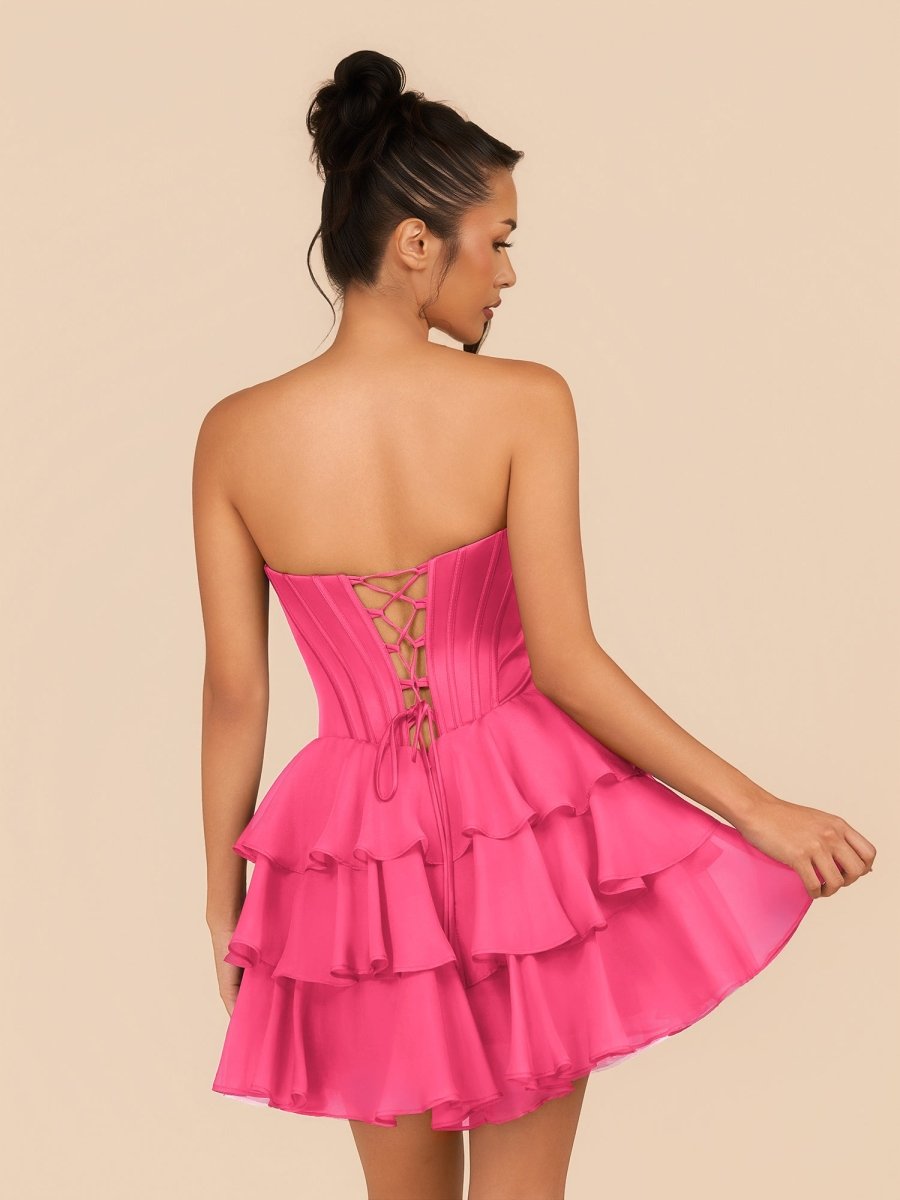 Hot Pink - Strapless A Line Ruffles Homecoming Dress With Beading