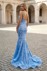 Gorgeous Mermaid Square Neck Blue Lace Prom Dress