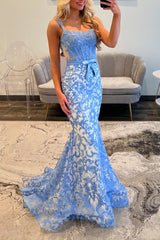 Gorgeous Mermaid Square Neck Blue Lace Prom Dress